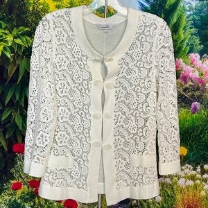 Misook Ivory Lace Crochet Button Front Cardigan  #1352